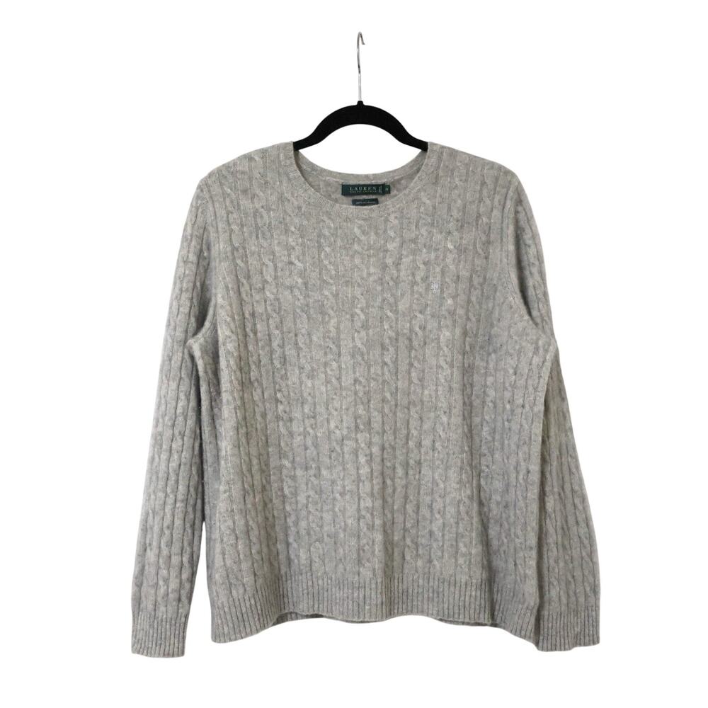 Vintage Lauren Ralph Lauren Soft Logo Cashmere Gray Cable Knit Sweater 1X Preppy